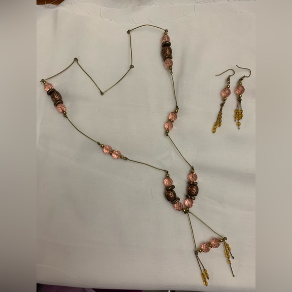 Handmade Healing Art Copper and Pink Crystal Bead Necklace & Drop Earrings Boho - Picture 2 of 2